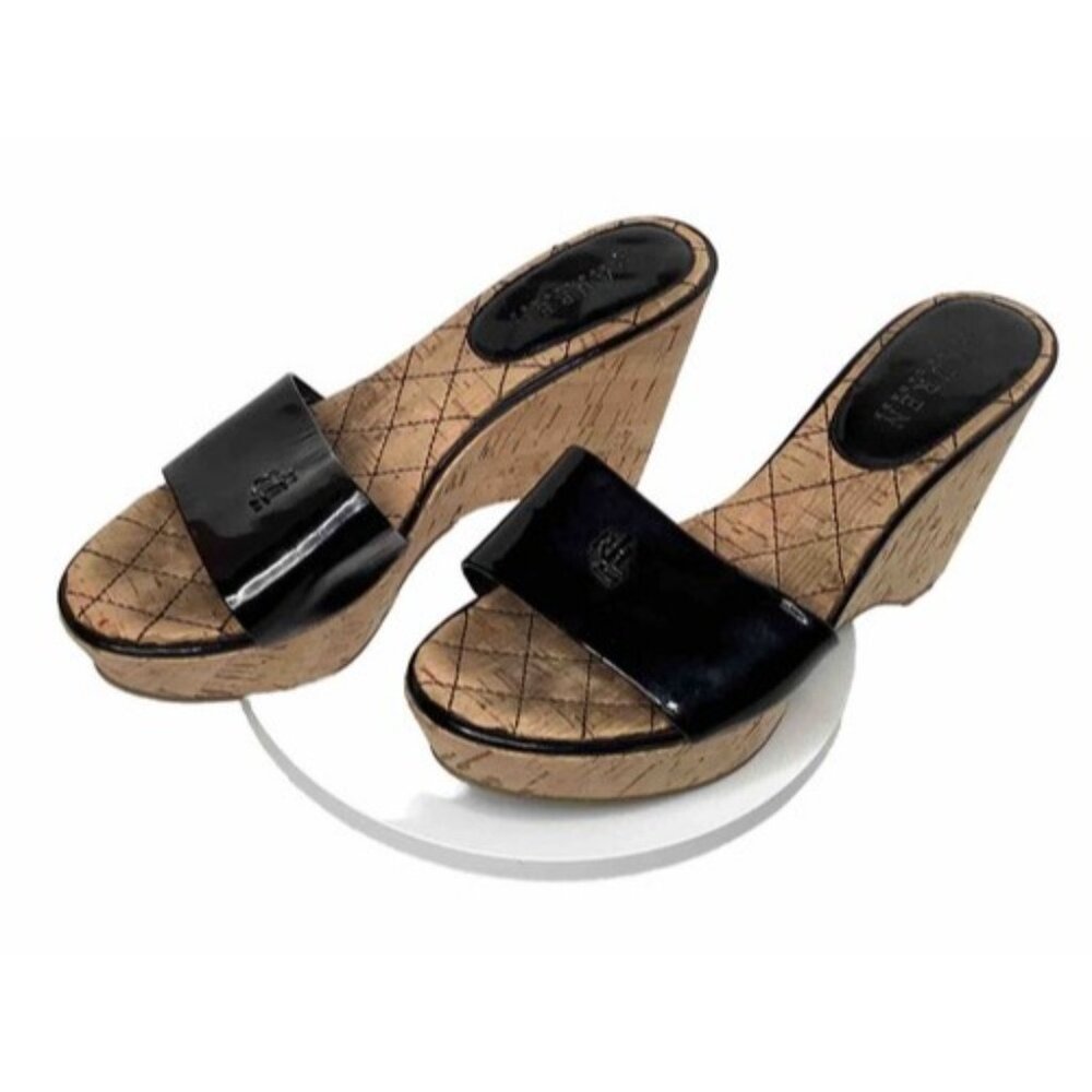 Ralph Lauren Women’s 8 1/2 Black Patent Leather Strap Cork Wedge Open Toe Heels